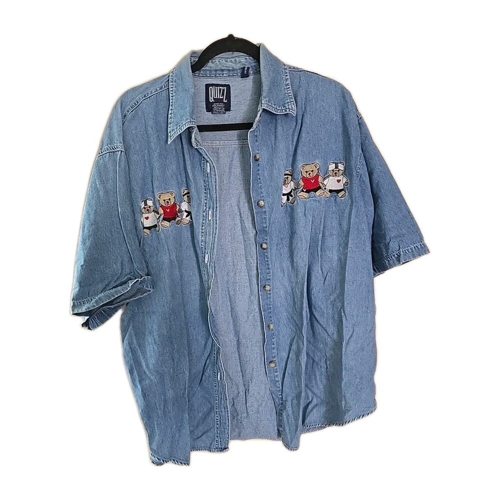 Vtg Quizz Blue Denim Embroidered Bear Short Sleeve Button Down‎ Shirt Womans 20